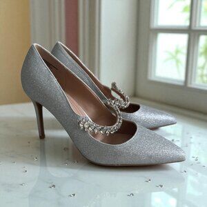 BCBGENERATION Silver Glitter Mary Jane Heels Size 7.5 NEW NWOB